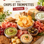 Planche de charcuterie colorée avec chips et trempettes, idéale pour une soirée en famille