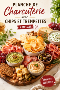 Planche de charcuterie colorée avec chips et trempettes, idéale pour une soirée en famille