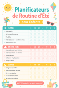 Planificateur de routine d'été coloré avec des activités pour enfants.