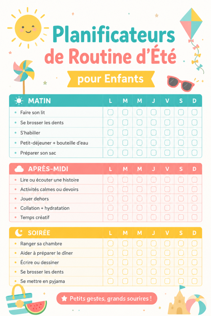 Planificateur de routine d'été coloré avec des activités pour enfants.