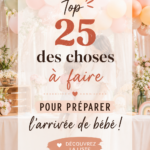 Femme enceinte préparant la chambre pour l'arrivée de bébé avec des accessoires et vêtements.