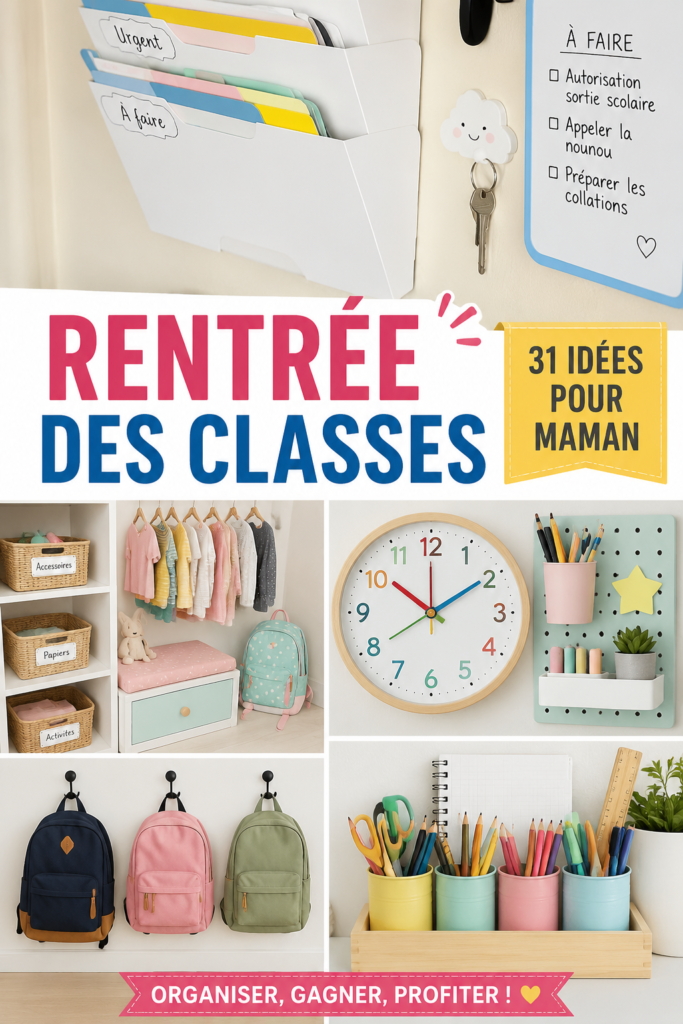 Une mère prépare la rentrée des classes avec ses enfants, regardant des fournitures scolaires.