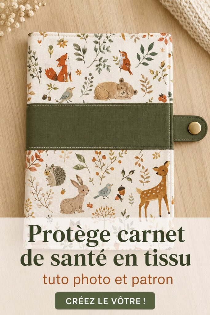 Protège carnet de santé en tissu coloré sur une table avec des fournitures de couture