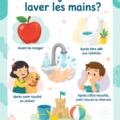Illustration d'une mère montrant à son enfant comment se laver les mains correctement.