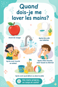 Illustration d'une mère montrant à son enfant comment se laver les mains correctement.