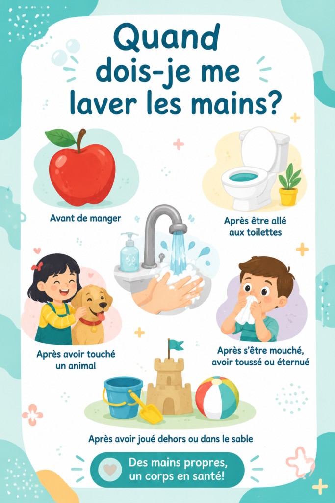 Illustration d'une mère montrant à son enfant comment se laver les mains correctement.