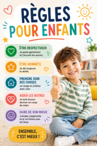 Un parent discutant des règles avec ses enfants dans un cadre familial chaleureux.