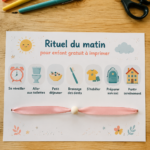 Un enfant souriant entouré d'un tableau de rituel matinal coloré.