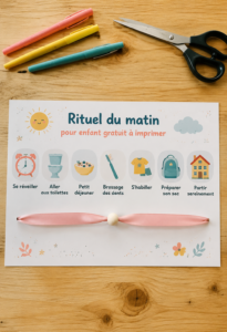 Un enfant souriant entouré d'un tableau de rituel matinal coloré.