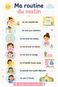 Affiche éducative illustrant une routine matinale pour enfants.