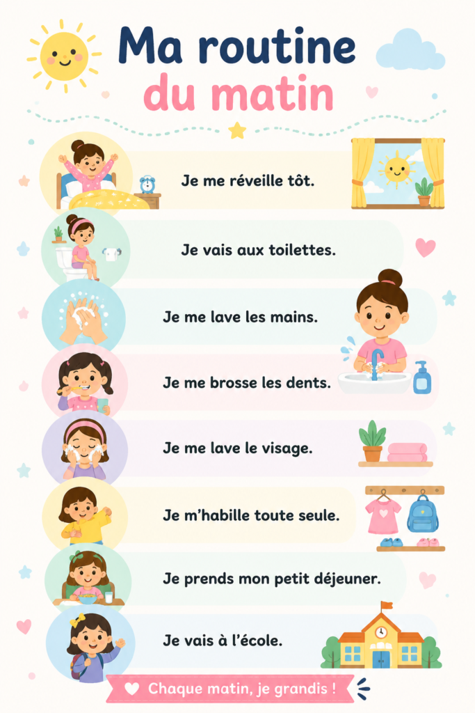 Affiche éducative illustrant une routine matinale pour enfants.