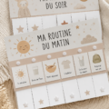 Un enfant dans une chambre boho, en train de suivre une routine du matin joyeuse.