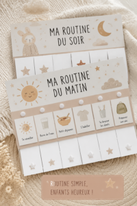 Un enfant dans une chambre boho, en train de suivre une routine du matin joyeuse.
