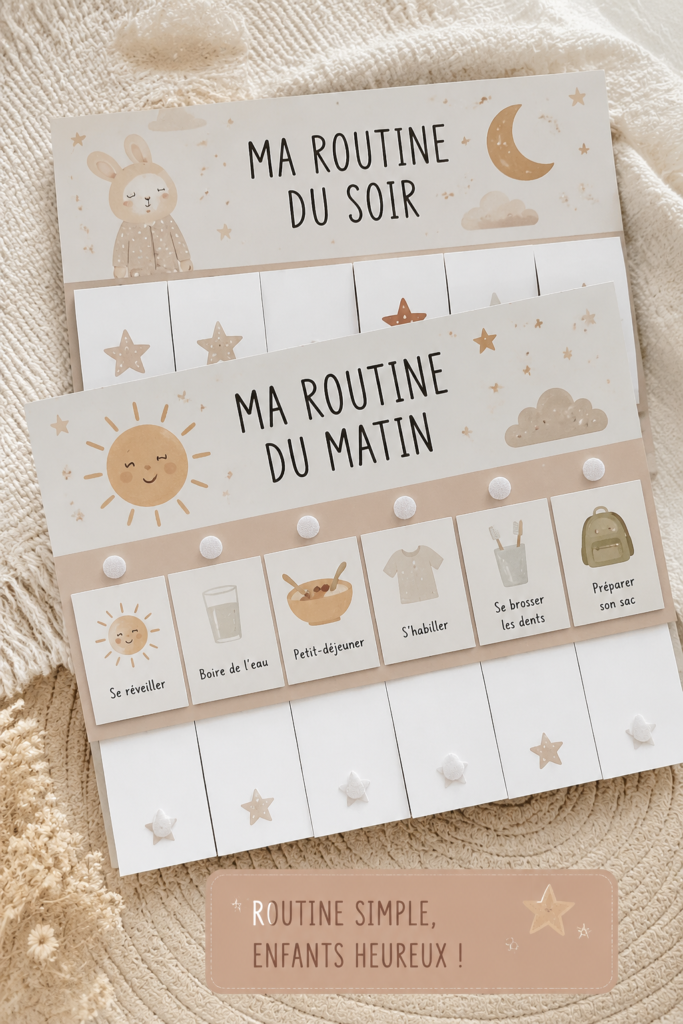 Un enfant dans une chambre boho, en train de suivre une routine du matin joyeuse.