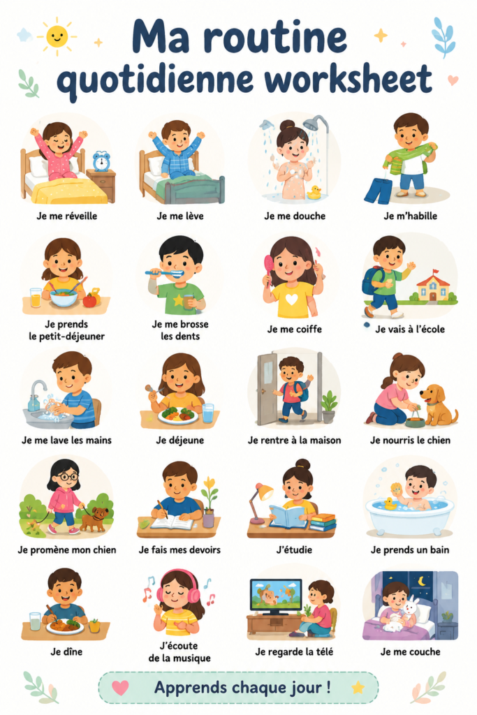 Maman et enfants en train de planifier leur routine quotidienne ensemble.