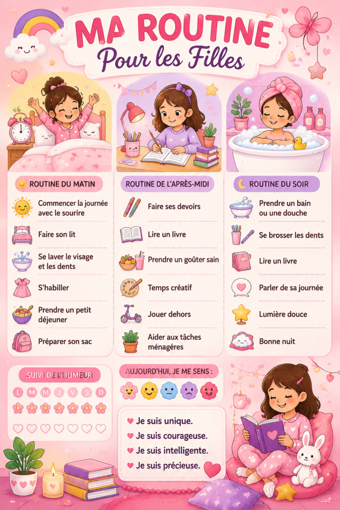 Une mère et sa fille établissant une routine quotidienne ensemble dans leur maison.
