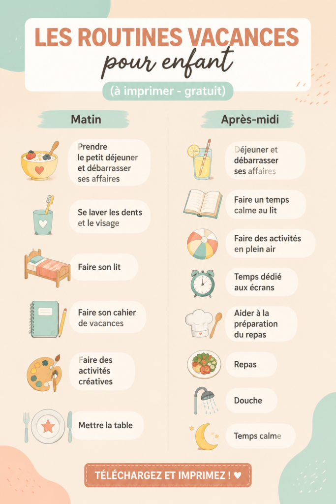 Exemple de routine de vacances pour enfants imprimable, avec des activités diversifiées.
