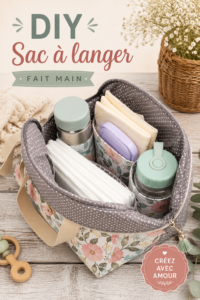 Sac à couches fait main pour bébé, décoré avec des motifs colorés.