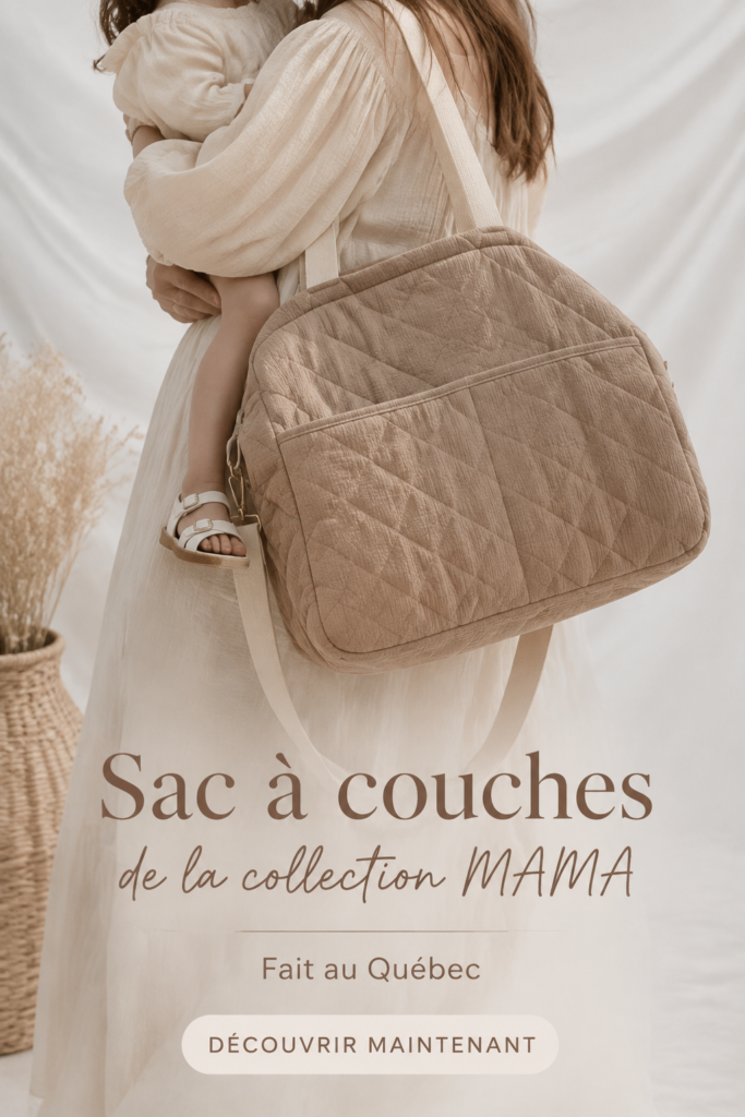 Sac à couches de la collection MAMA, fait au Québec, avec un design moderne et pratique.