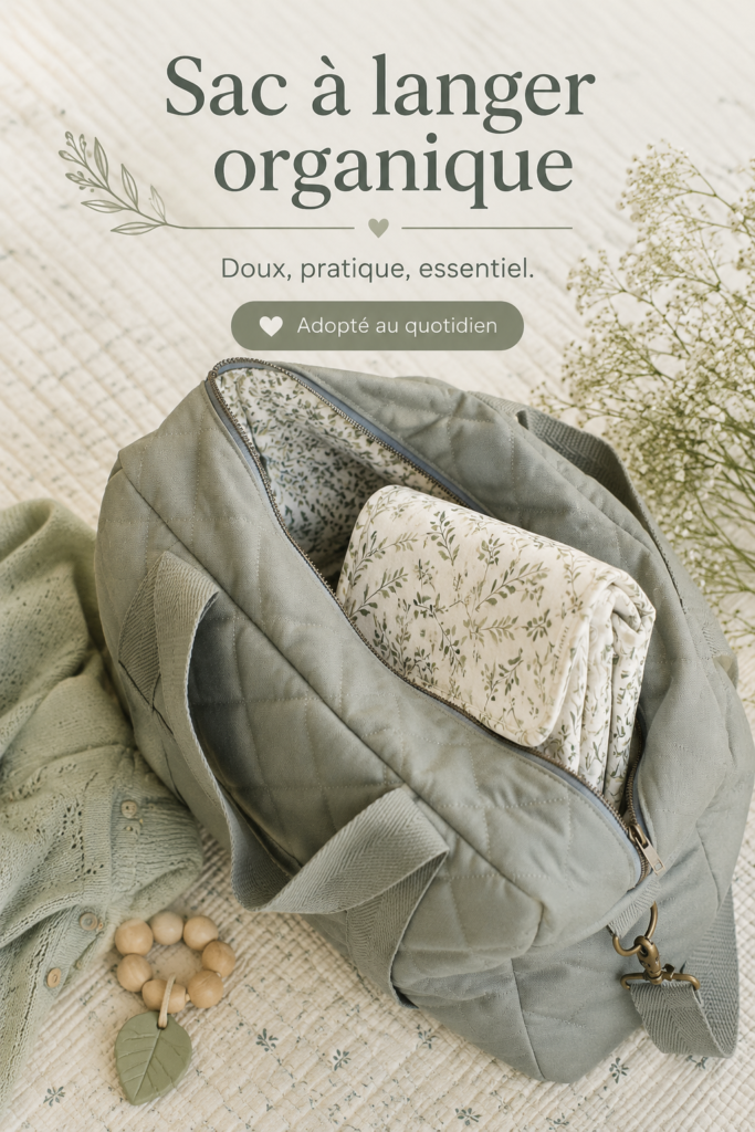 Sac à langer bio trendy posé sur une table, rempli de produits pour bébé