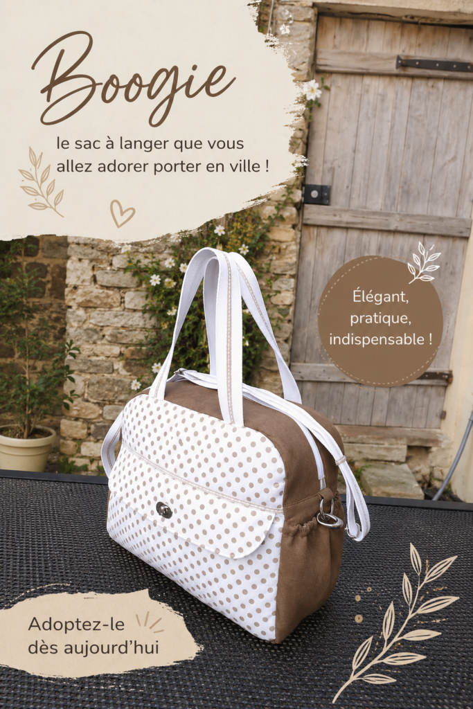 Sac à langer Boogie présenté sur une table avec des accessoires de maternité