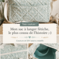 Sac à langer en tissu fait main aux motifs colorés, posé sur une table.