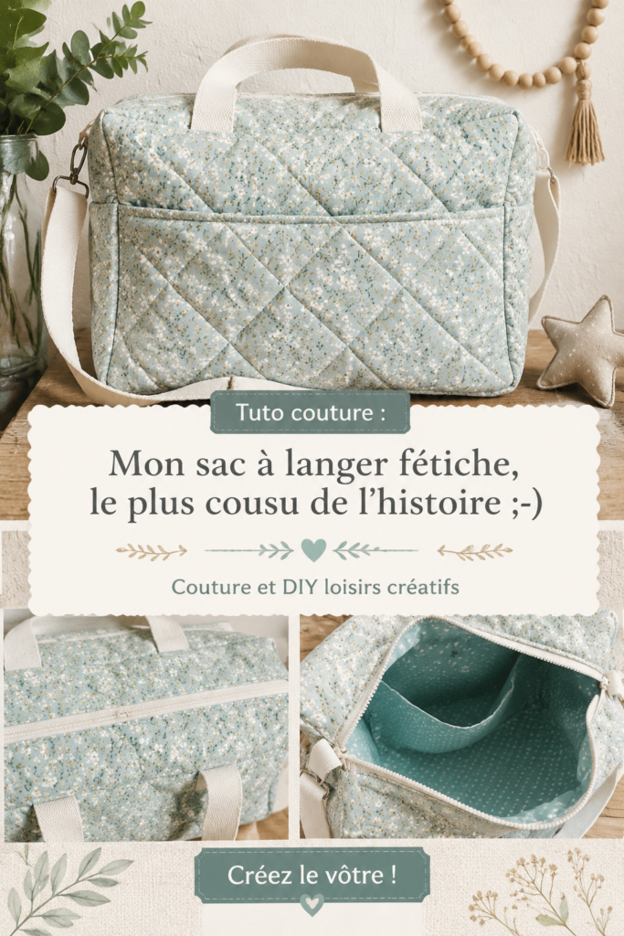 Sac à langer en tissu fait main aux motifs colorés, posé sur une table.
