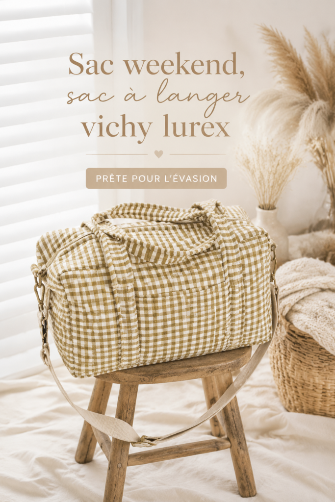 Sac à langer vichy lurex sur une table, prêt pour une sortie familiale.