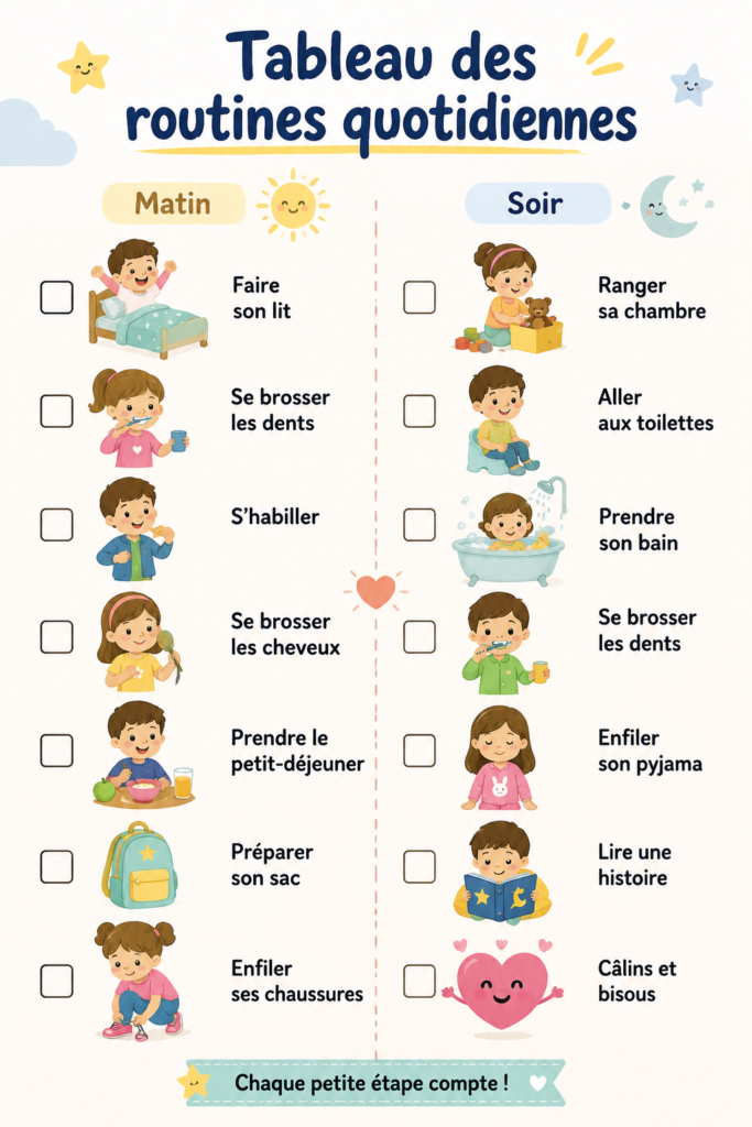 Un tableau de routine coloré pour enfants affiché dans une chambre