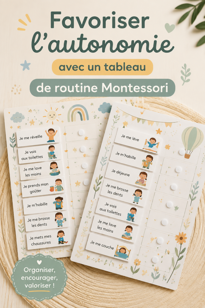 Tableau de routine Montessori coloré sur un mur avec des images de tâches quotidiennes.