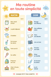 Un tableau de routine coloré et simple pour les enfants affiché dans une chambre.