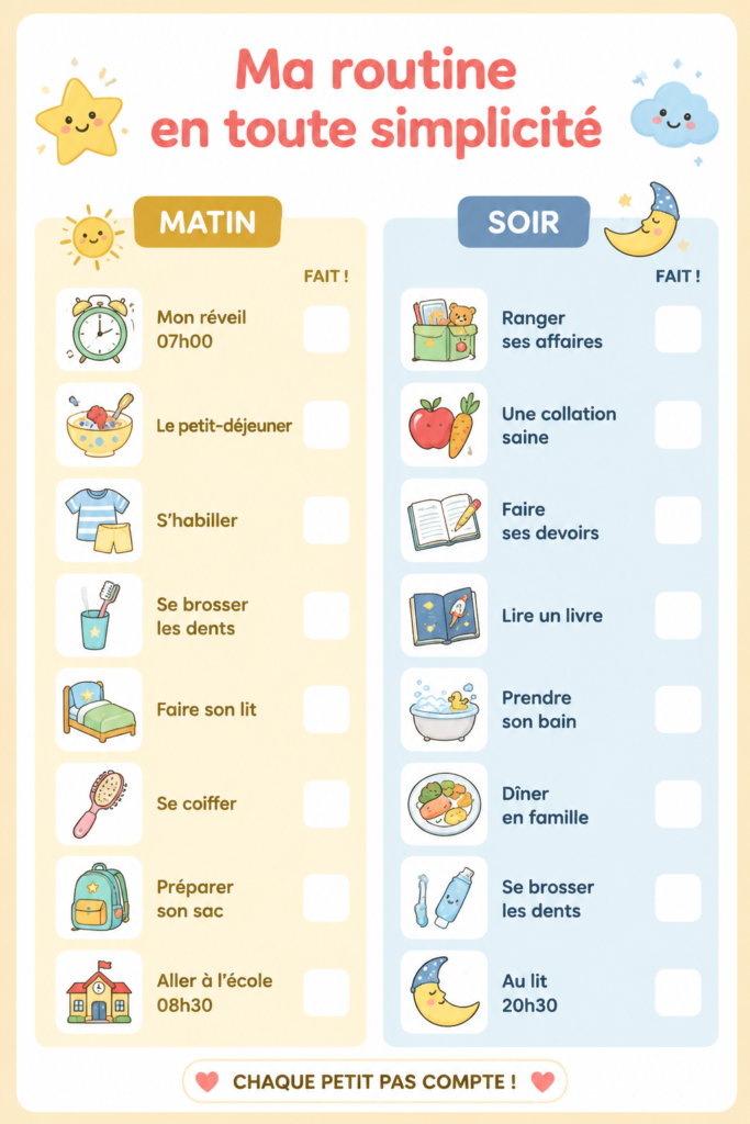 Un tableau de routine coloré et simple pour les enfants affiché dans une chambre.