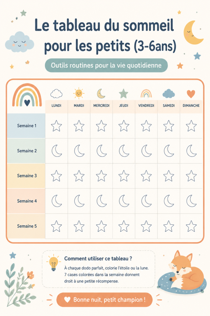 Un tableau ludique illustrant la routine de sommeil d'un enfant de 3 à 6 ans.