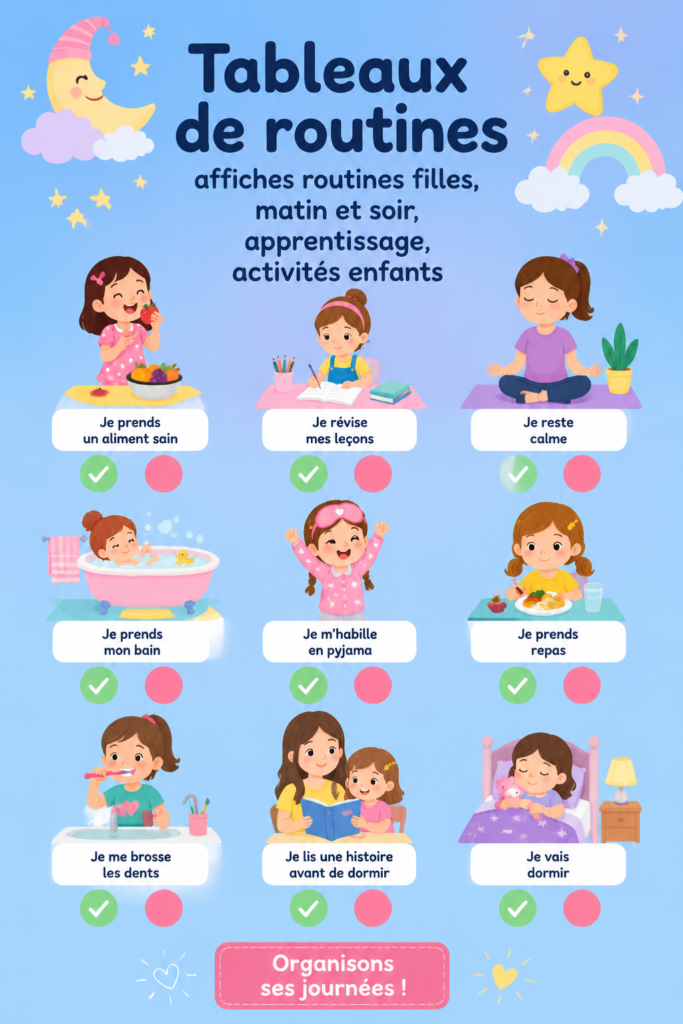 Tableau de routine coloré pour enfants avec des images représentant des activités quotidiennes.