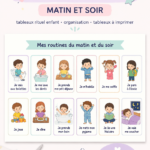 Un tableau de routine coloré pour enfants avec des illustrations ludiques, montrant les étapes d'une journée idéale.