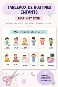Un tableau de routine coloré pour enfants avec des illustrations ludiques, montrant les étapes d'une journée idéale.