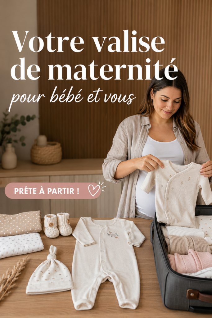 Valise de maternité ouverte avec des vêtements pour maman et bébé