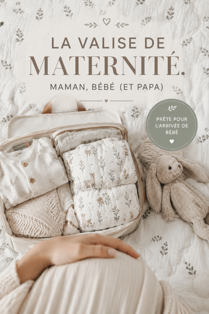 Valise de maternité ouverte avec des articles essentiels pour maman et bébé