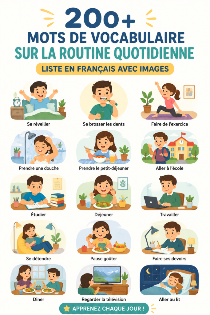 Un tableau coloré avec 200 mots de vocabulaire liés à la famille et la routine