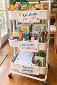 Un coin d'activités estivales pour enfants avec des collations saines.