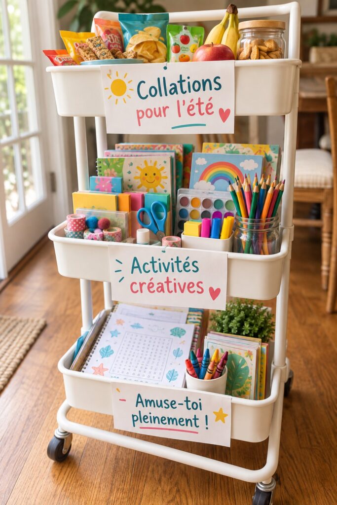 Un coin d'activités estivales pour enfants avec des collations saines.