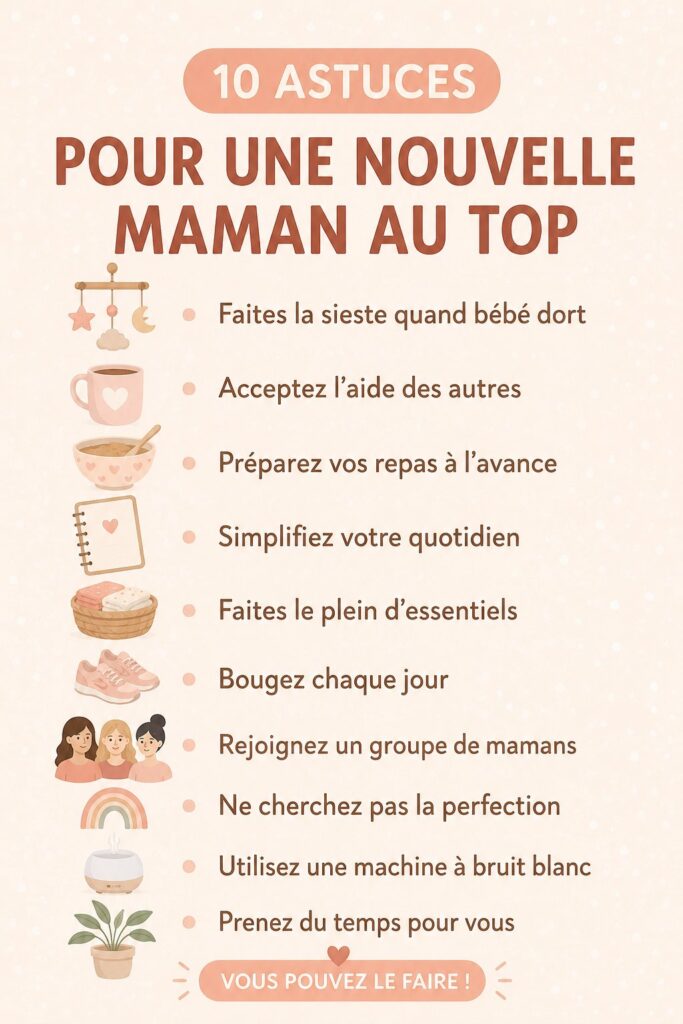 Une jeune maman souriante avec son bébé, illustrant les astuces pratiques pour les mamans.