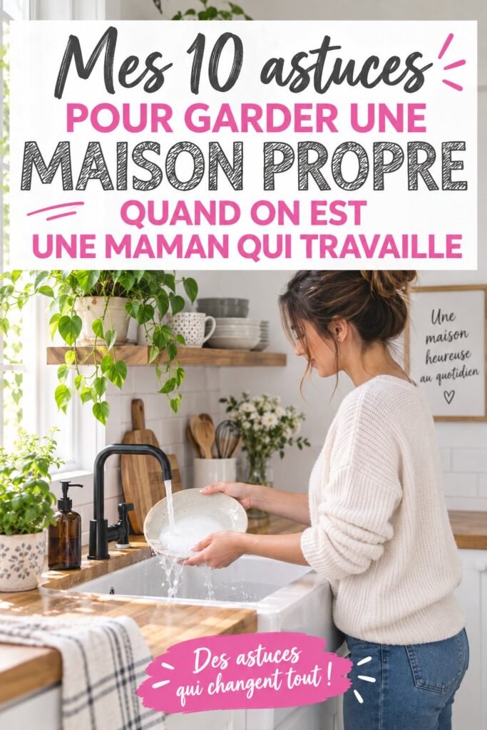 Une maman souriante faisant le ménage avec ses enfants dans une maison chaleureuse.