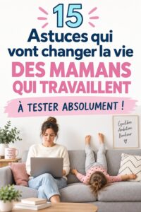 Une maman organisée gérant ses tâches quotidiennes avec un sourire.