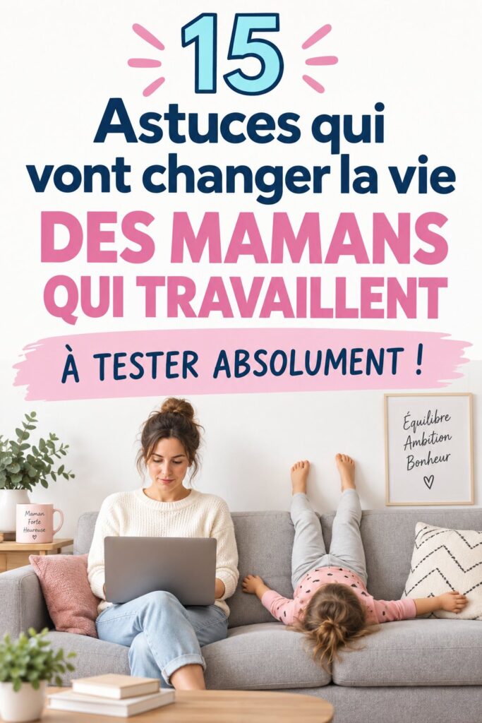 Une maman organisée gérant ses tâches quotidiennes avec un sourire.