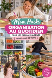 Une maman avec ses enfants dans un environnement organisé et serein.