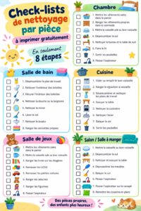 Image d'une checklist de nettoyage pour chambre d'enfant sur un bureau, avec des crayons colorés autour.