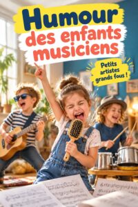 Enfant souriant avec un instrument de musique, illustrant l'humour des jeunes musiciens.