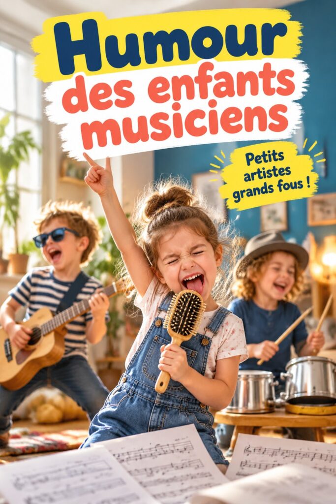 Enfant souriant avec un instrument de musique, illustrant l'humour des jeunes musiciens.