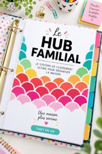 Un classeur de gestion familiale ouvert avec des onglets colorés et des notes.